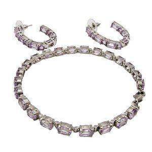 Matching Earrings Bracelet Set Amethyst Purple Lavender Rhinestone Silver Plated